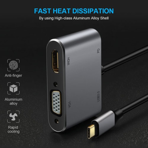 HDMI, VGA, USB ve USB-C portlu, metinle etiketlenmiş gümüş ve gri bir çoklu bağlantı noktası adaptörü.
