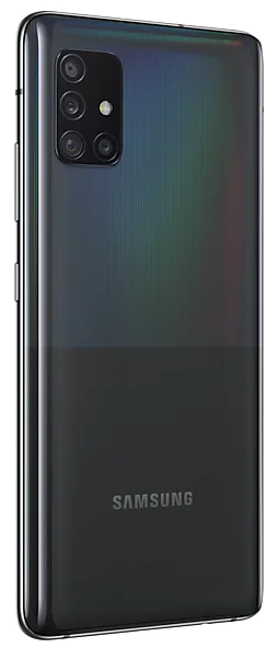 Vista trasera de un teléfono Samsung negro. Lentes de cámara y el logo SAMSUNG visibles.