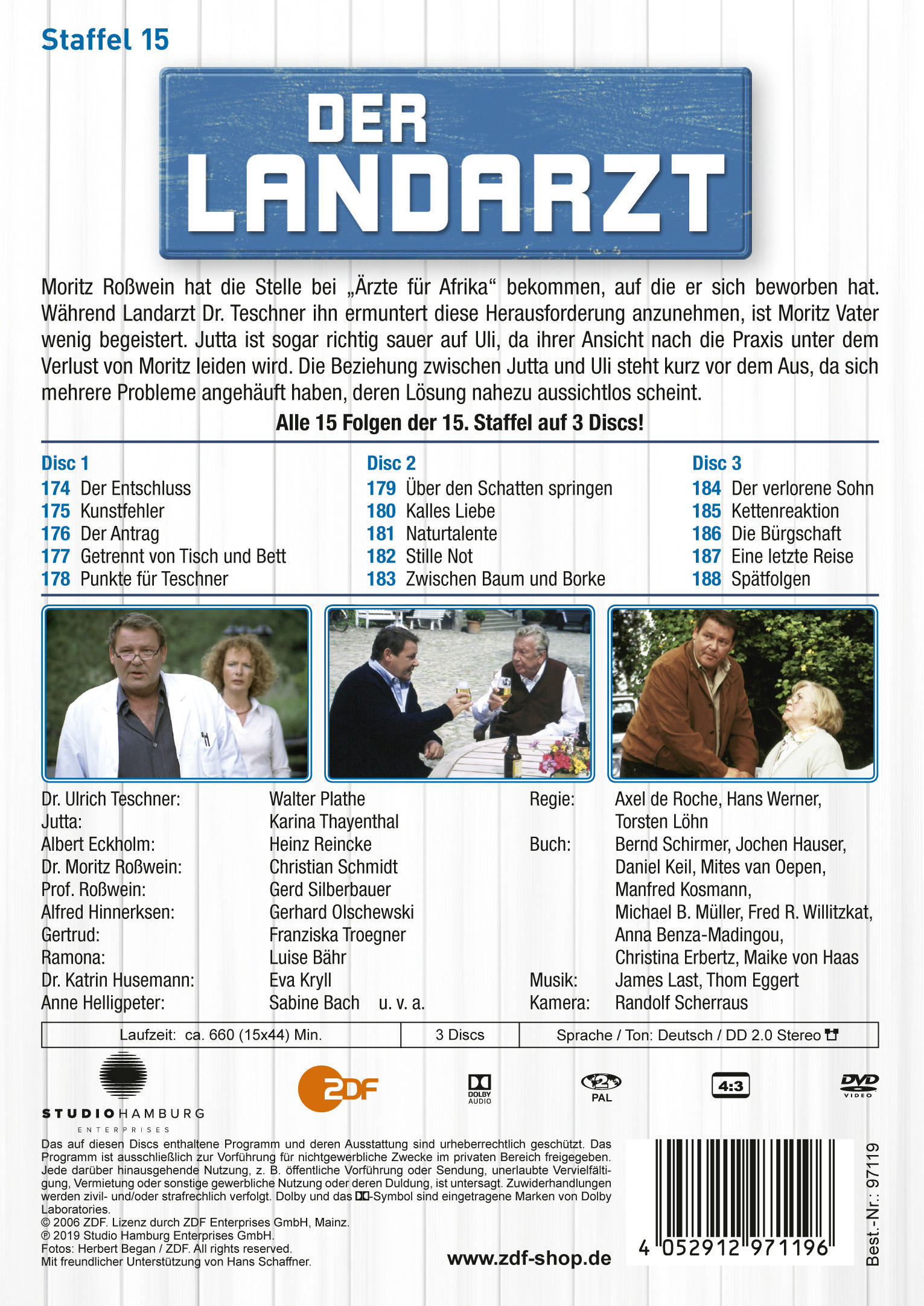 Rückseite einer DVD-Hülle. Text in deutscher Sprache. Fotos von Schauspielern der Fernsehserie Der Landarzt.
