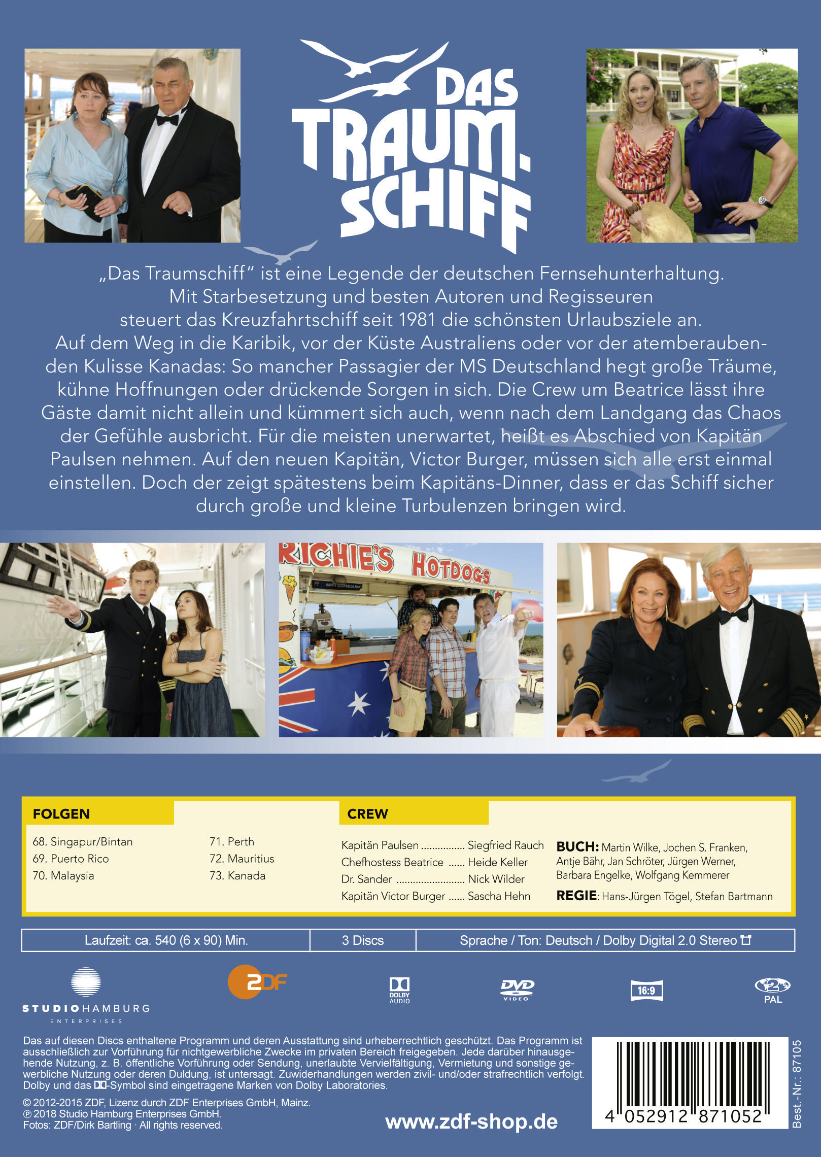 DVD-Cover mit Fotos der Darsteller und Text. Zeigt ein Schiff und den Titel 'Das Traumschiff' auf Deutsch.
