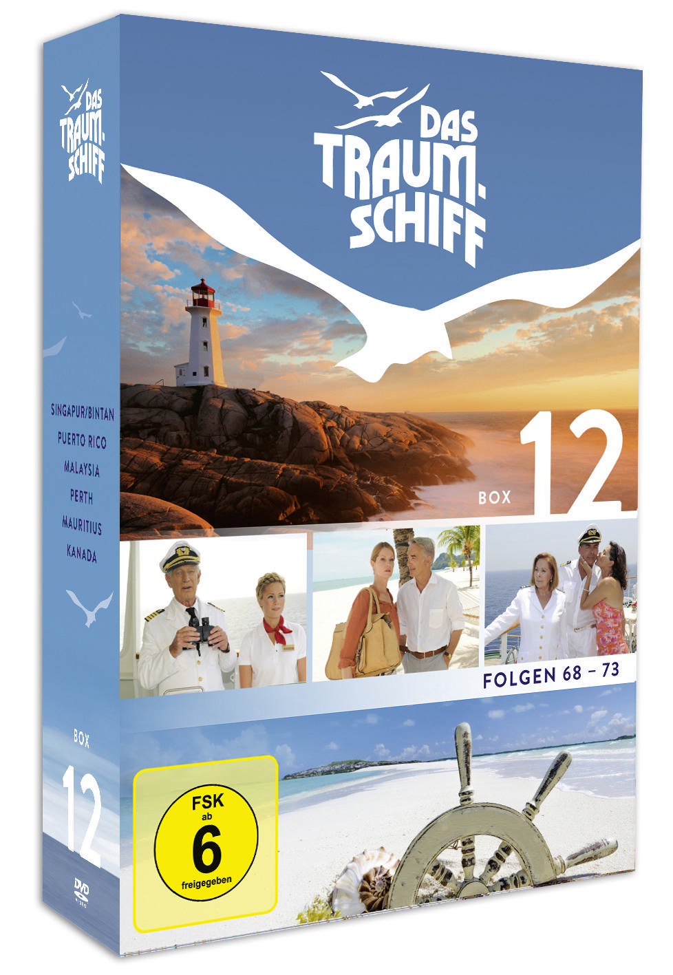 Eine DVD-Box mit Bildern eines Leuchtturms, Personen und einem Steuerrad.