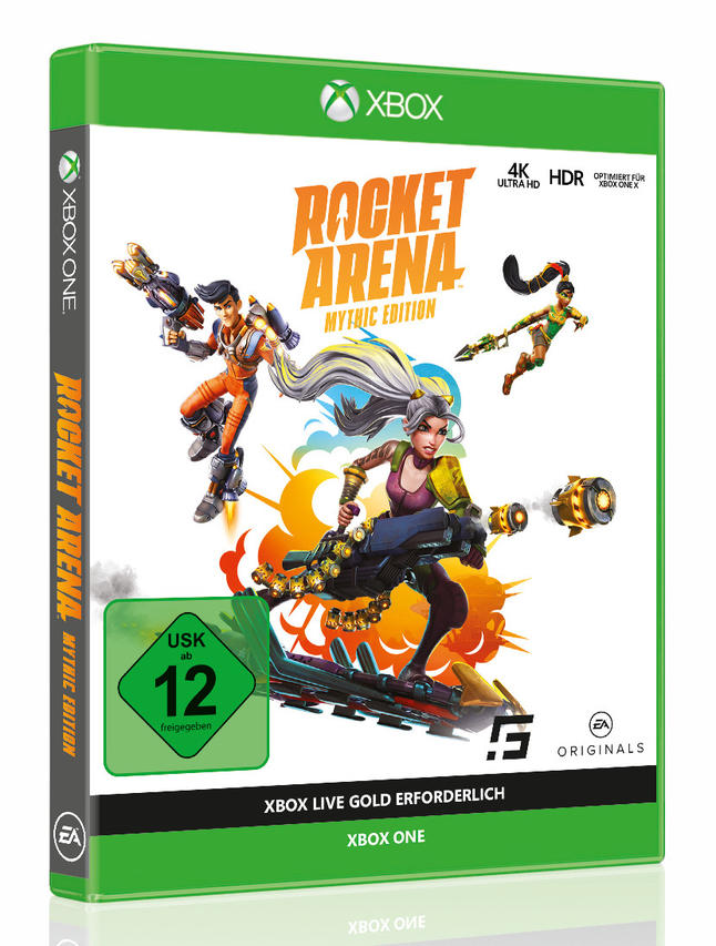 Die Rocket Arena-Spielbox mit Charakteren und leuchtenden Farben, grüner Hintergrund.