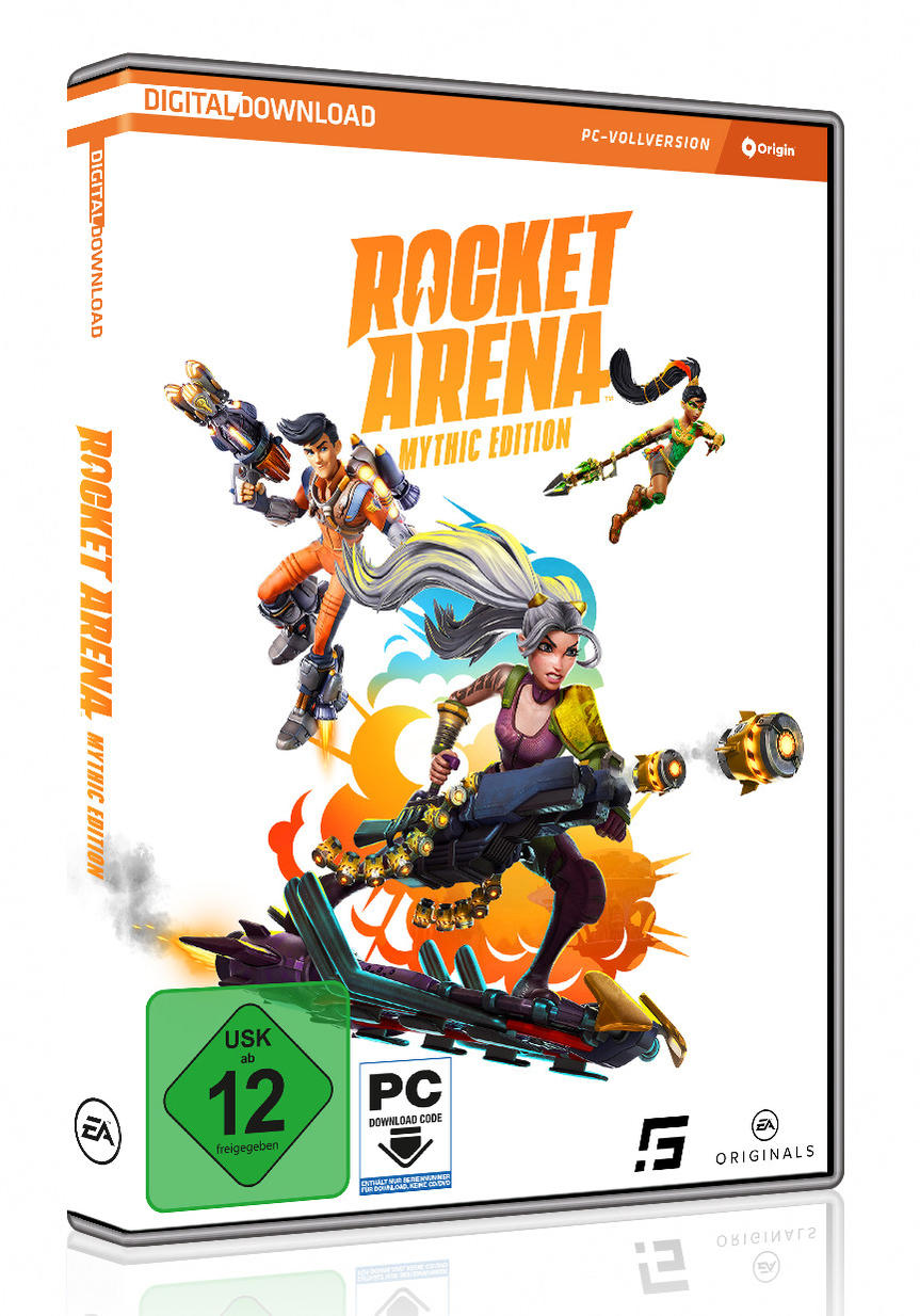 Spielbox für Rocket Arena. Box-Art zeigt verschiedene Charaktere in Aktion mit dem Spieltitel.