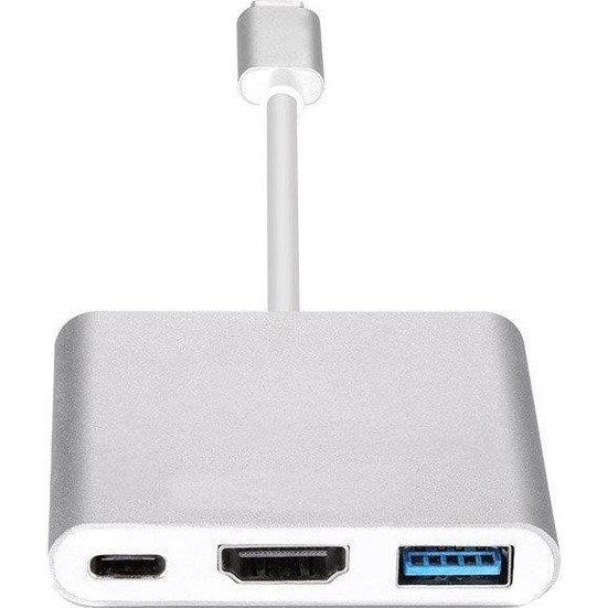 HDMI ve USB bağlantı noktalarına sahip gümüş USB-C hub. Beyaz bir kablo, bir cihaza bağlar.