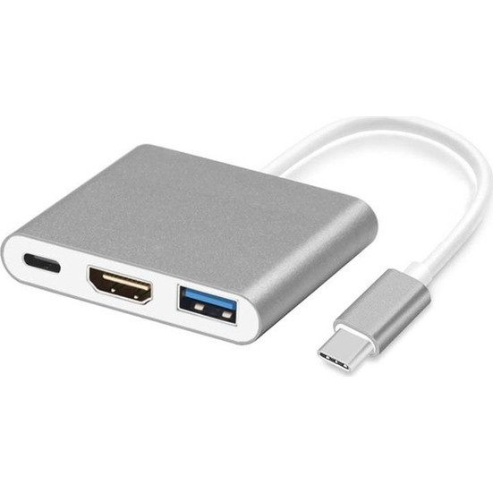 HDMI ve USB bağlantı noktalarına sahip gümüş bir USB-C hub, beyaz bir kablo ile.