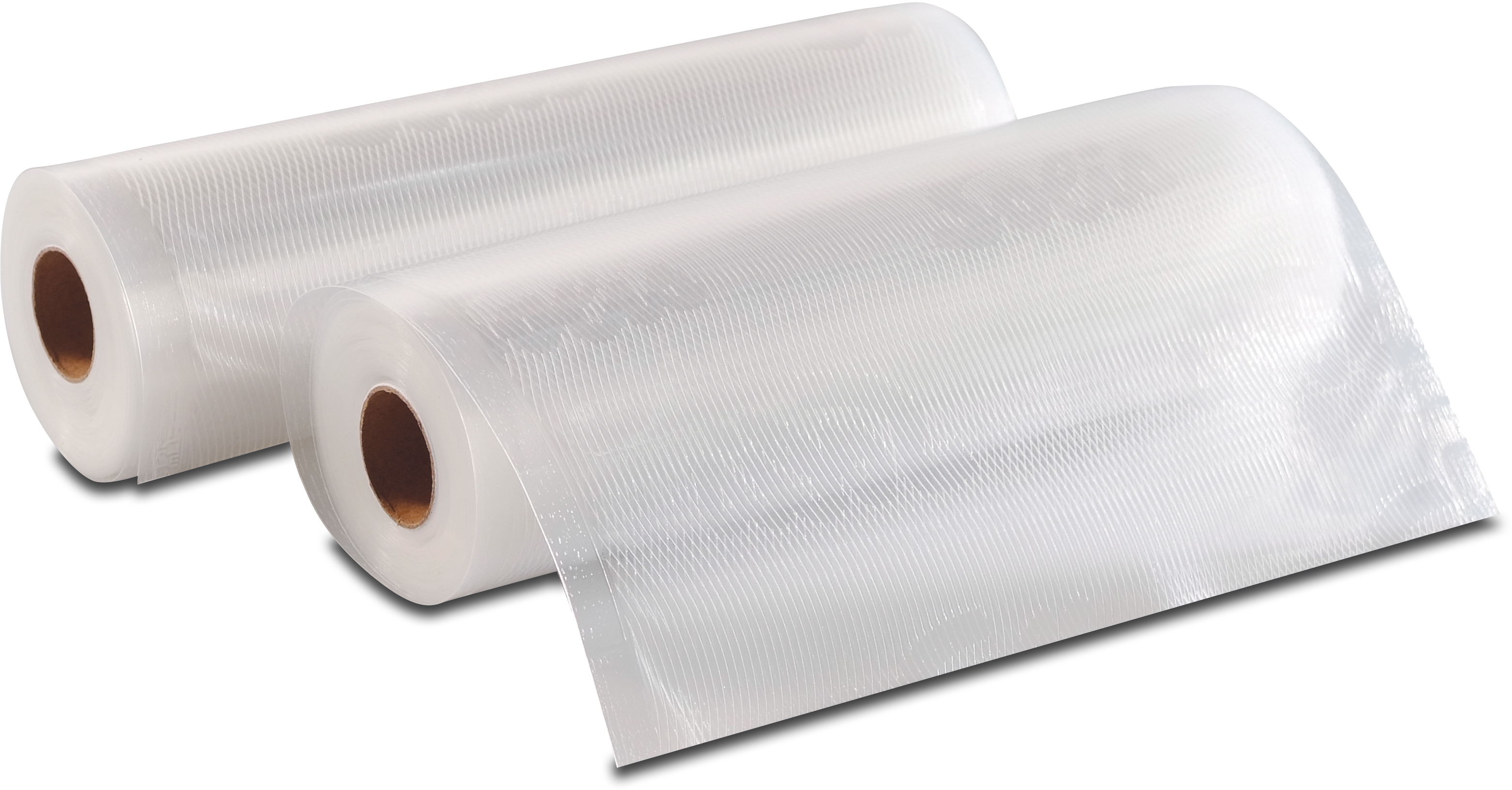 Two rolls of transparent plastic vacuum sealer bags, side by side. The bags are rolled up.