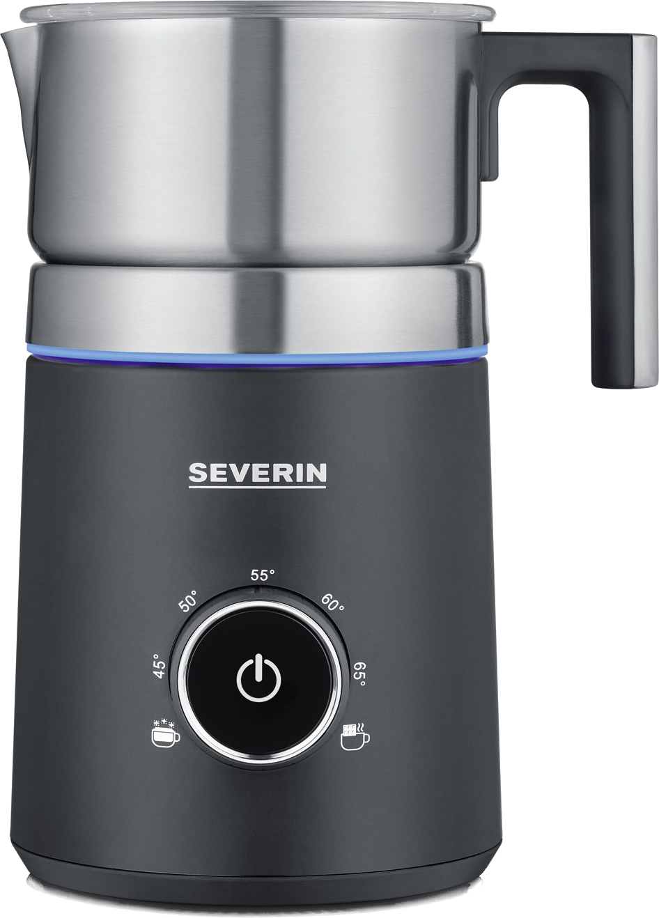 A SEVERIN milk frother. Black base with a silver top.  Controls for temperature settings are visible.