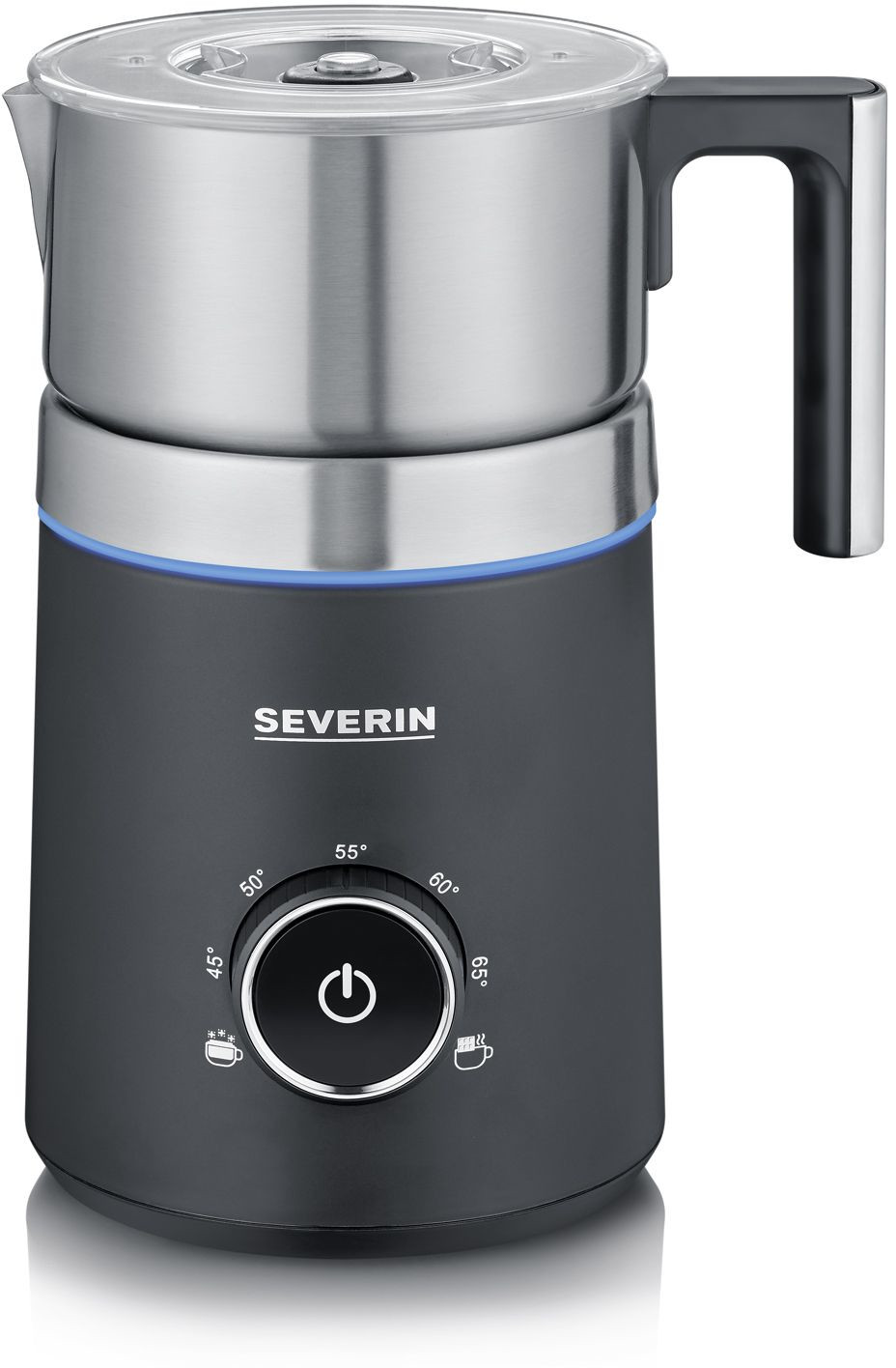 Black and silver milk frother. It has a black base with a dial and a silver top and handle.