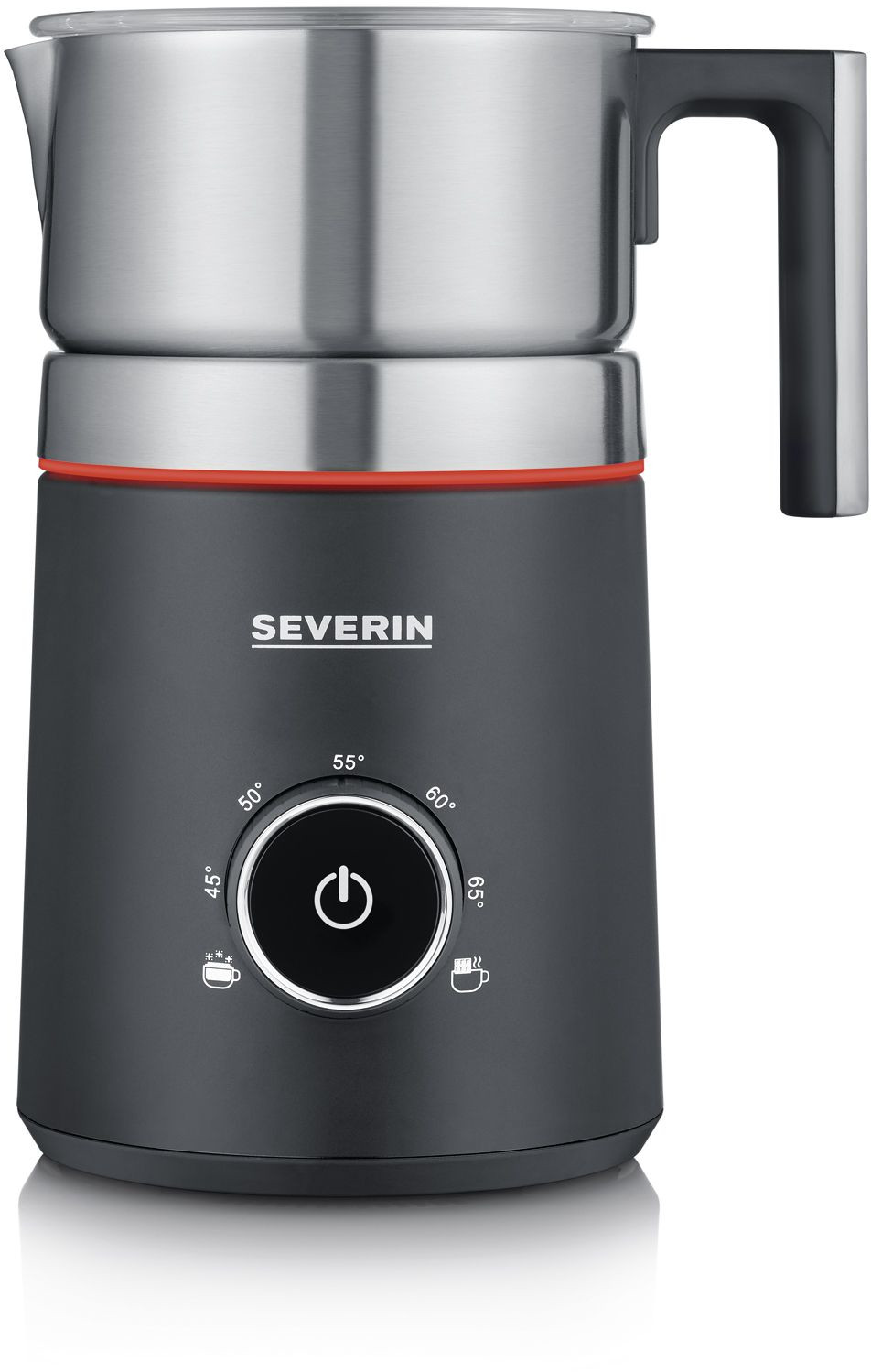 A black and silver milk frother with a dial and a handle.