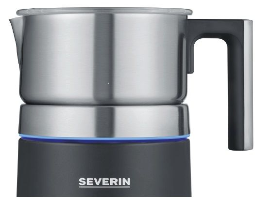 Silver and black milk frother. The base is black, and the top is metallic with a handle.