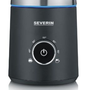 A black Severin milk frother with a blue LED ring and a control dial.