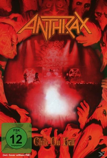 Anthrax 'Chile on Hell' DVD borító, színpadon zenélő bandával és pentagrammal.