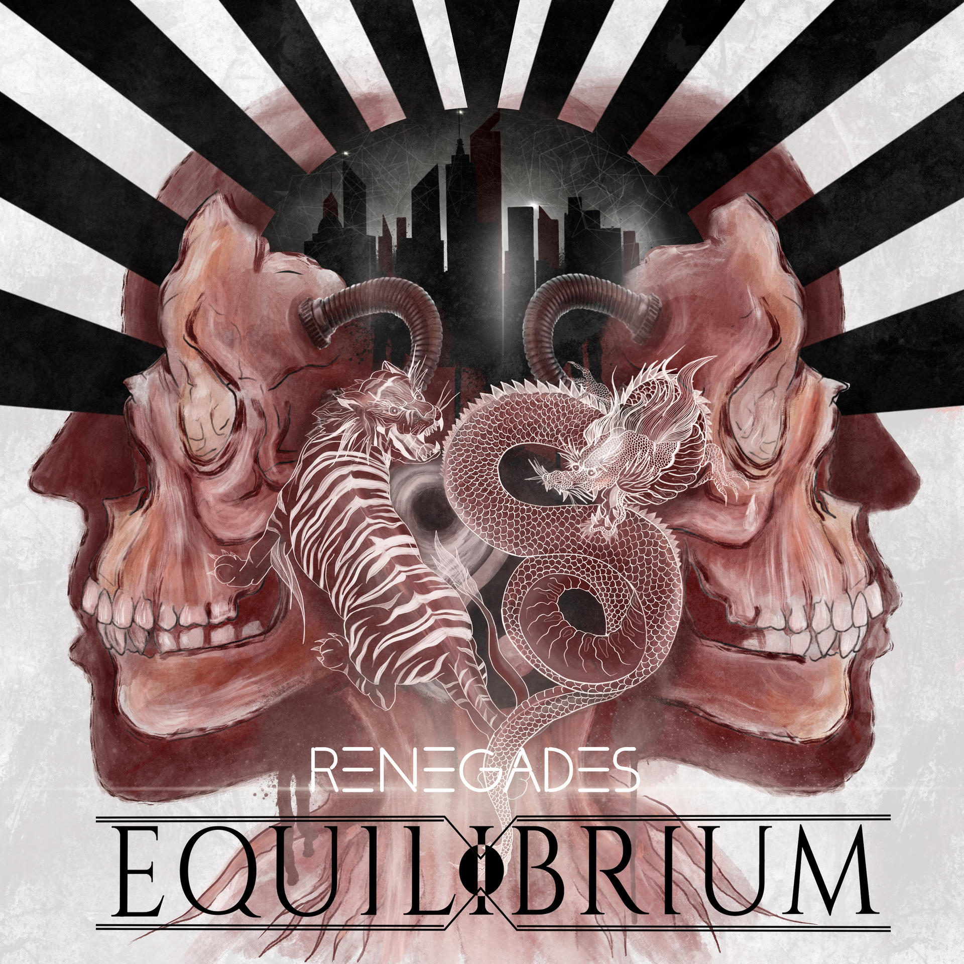 A Renegades Equilibrium album borítója. Két koponya arc, egy tigris, egy sárkány és a város sziluettje.
