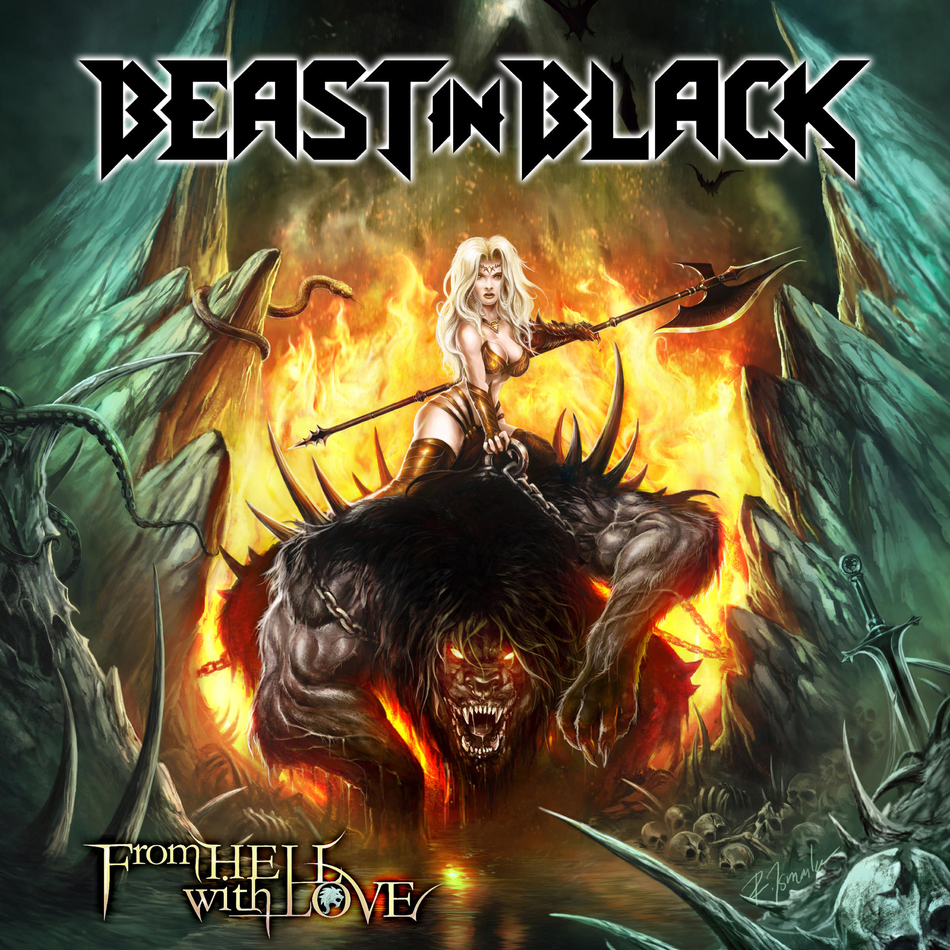 Album borító: Nő szörnyen dárdával, lángokkal és metal zenekar logójával.