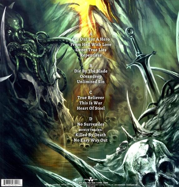 Album borító fantázia jelenettel: koponyák, csápok, kard. Sötét, részletes.