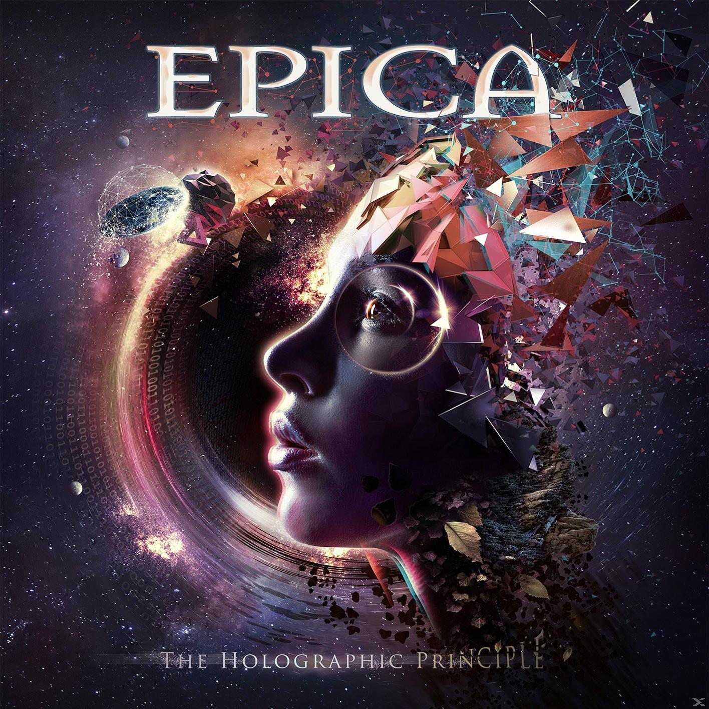 Epica album borító: női arc geometriai formákból és kozmikus háttérrel.
