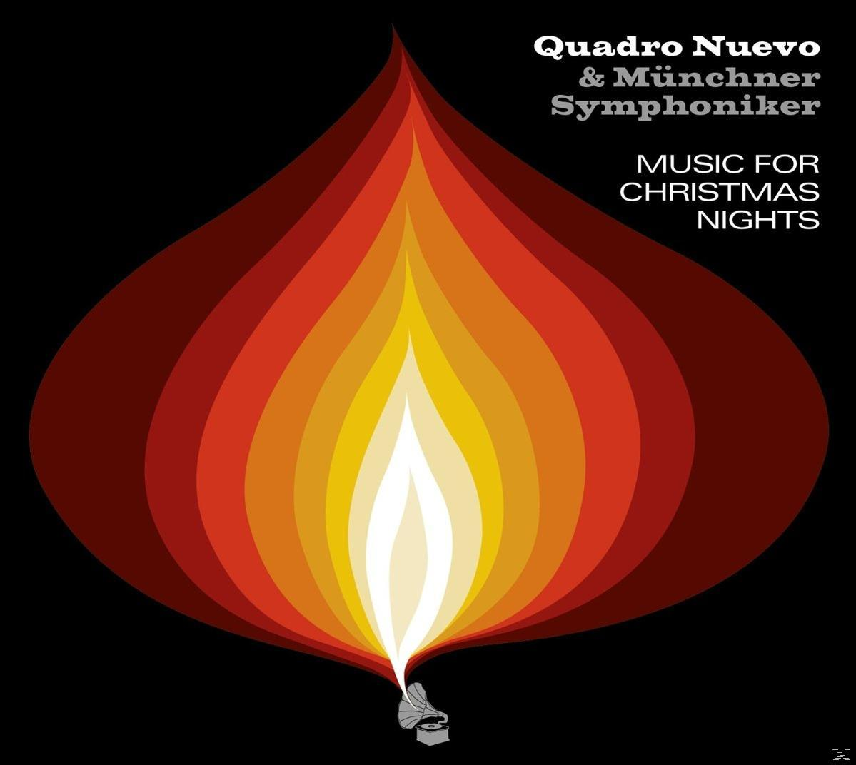 Albumcover mit Flammendesign. Text enthält 'Quadro Nuevo' und 'Music for Christmas Nights'.