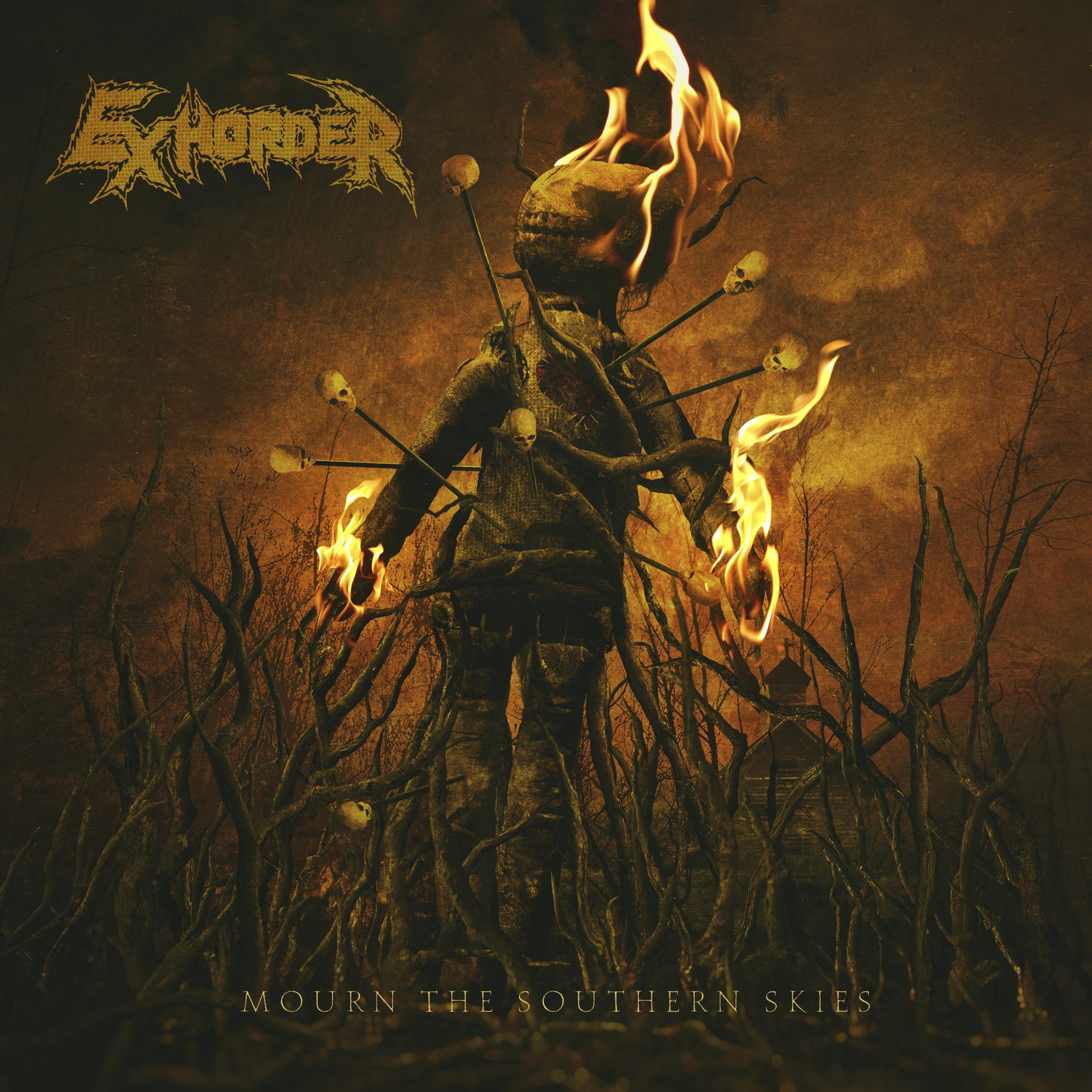 Albumcover: Mit Pfeilen gespickte Stoffpuppe, Flammen und Schädel. Text 'Mourn the Southern Skies'.