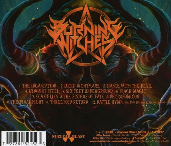 Albumcover. Burning Witches-Logo mit Songtiteln. Ketten und dunkler Hintergrund sind sichtbar.