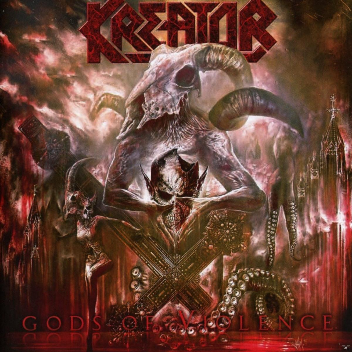 Kreator's Gods of Violence Albumcover mit Totenkopf-Kreatur und Blut.