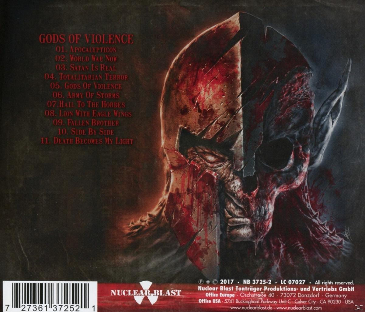 Albumcover mit Kriegerhelm und Schädel, Blutspritzer, Nuclear Blast Logo, Songtitel.