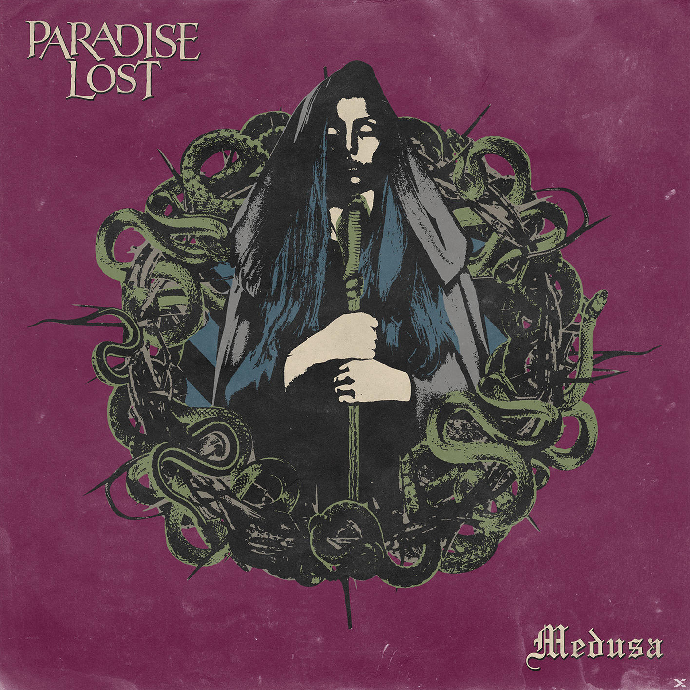 Albumcover mit einer von Schlangen umgebenen Person, 'PARADISE LOST', 'Medusa'.