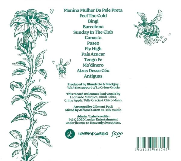 Ein grün-weißes Albumcover mit handgeschriebenen Songtiteln und einer Blumenzeichnung.