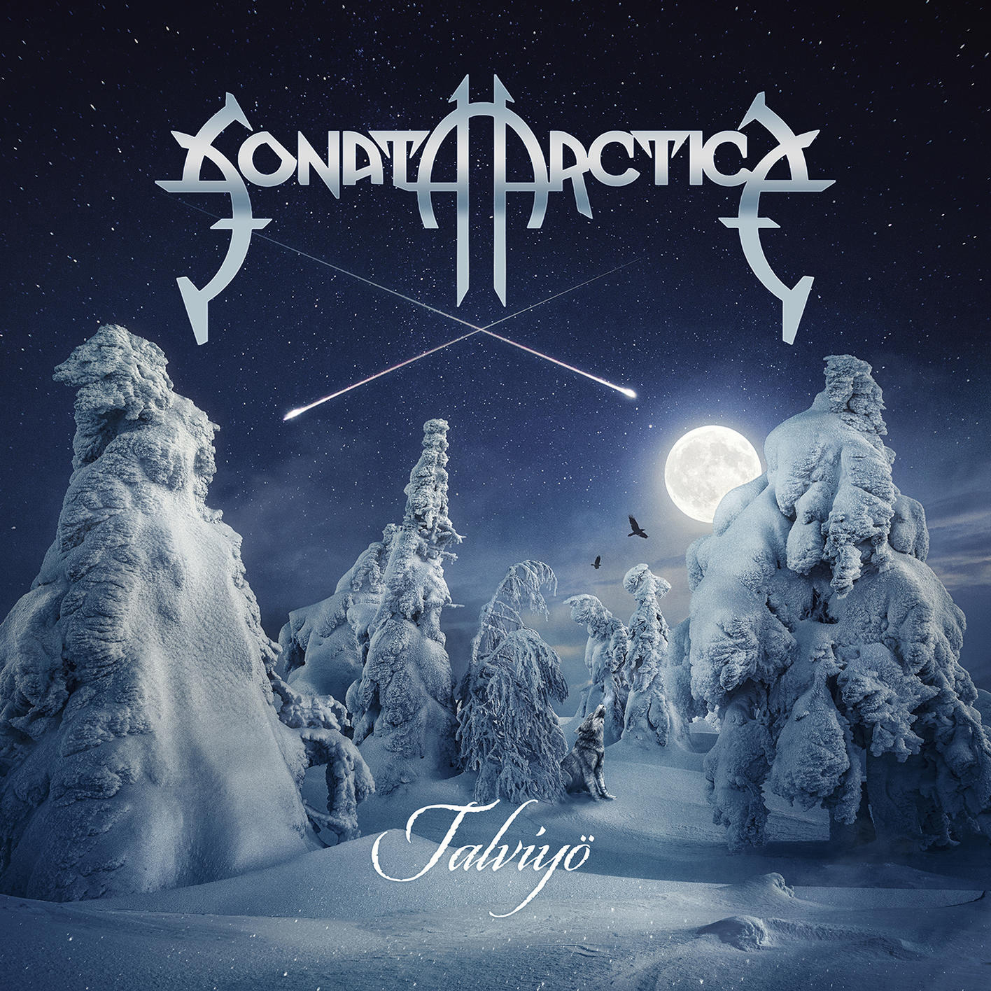 Albumcover mit einer verschneiten Waldszene, Vollmond und dem Text "Talviyö".