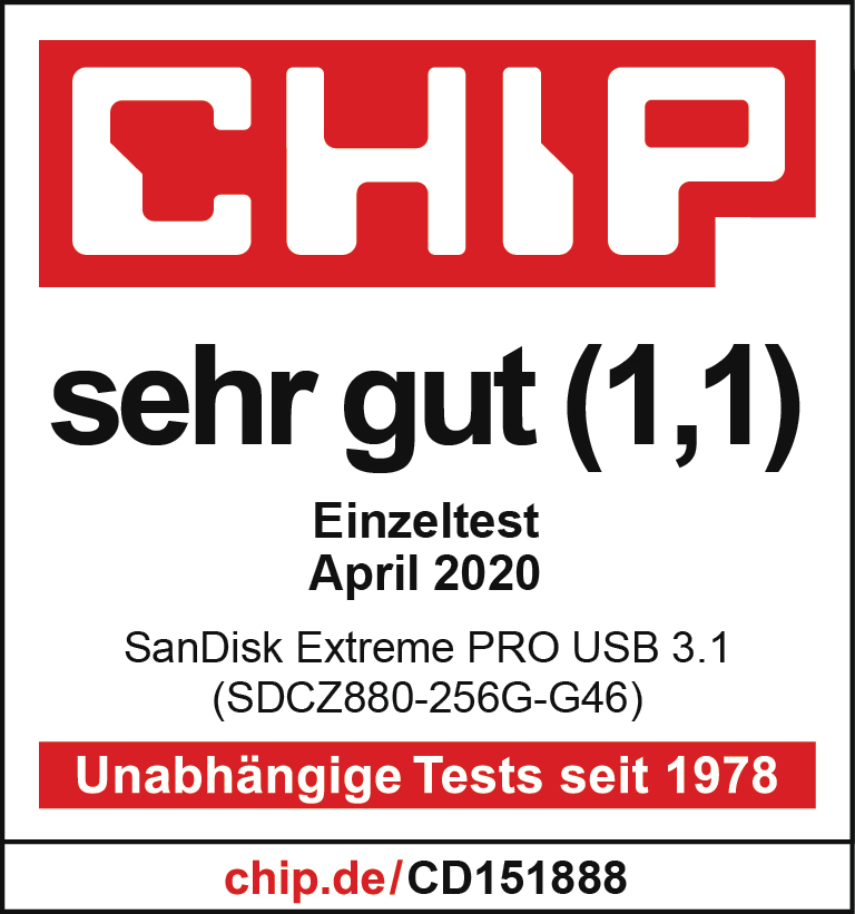 CHIP-Magazin-Bewertung, SanDisk Extreme PRO USB-Laufwerk. Text und Logo auf Weiß.