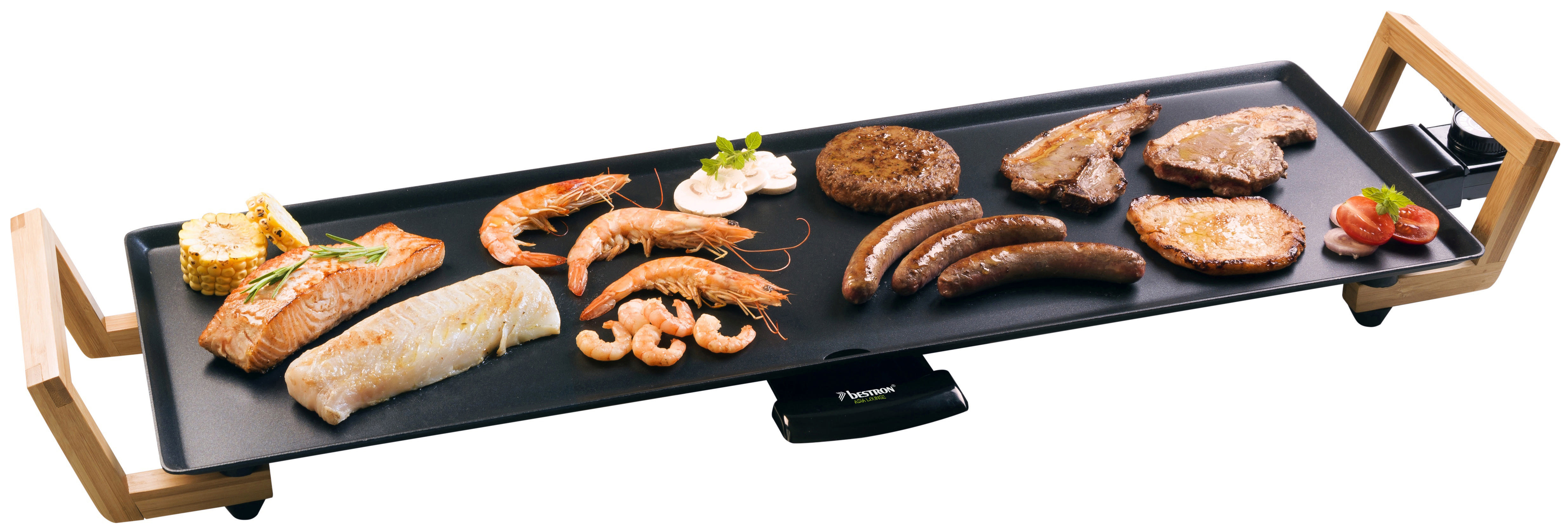 BESTRON ABP603BB Teppanyaki Grillplatte XL Elektrogrill, Schwarz/Bambus (1800 Watt)