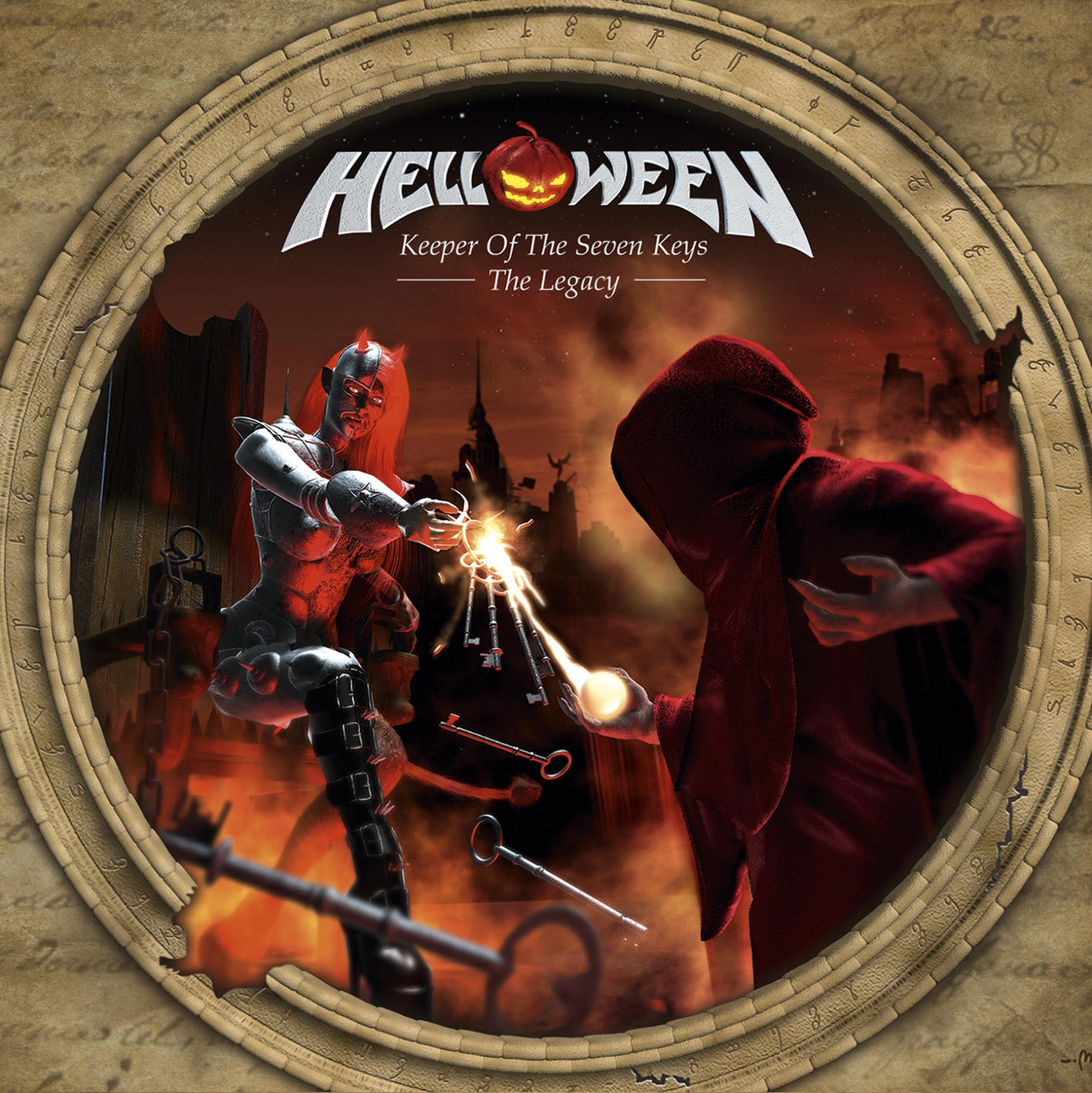 Albumcover mit Metal-Band-Thema. Eine Frau und eine vermummte Figur sind in einem kreisförmigen Rahmen.