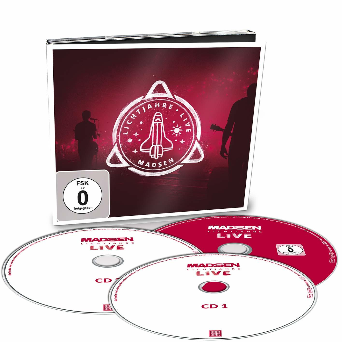 Albumcover mit der Band Madsen, mit drei CDs und einem rot-weißen Farbschema.