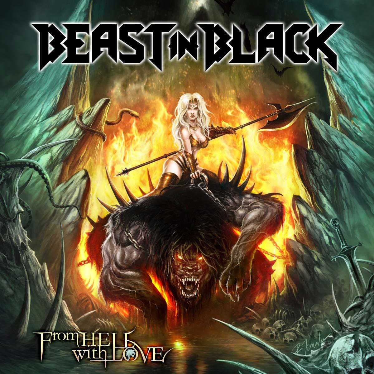 Albumcover mit einer Frau, die auf einem dämonischen Biest reitet, Flammen und einem Schwert.