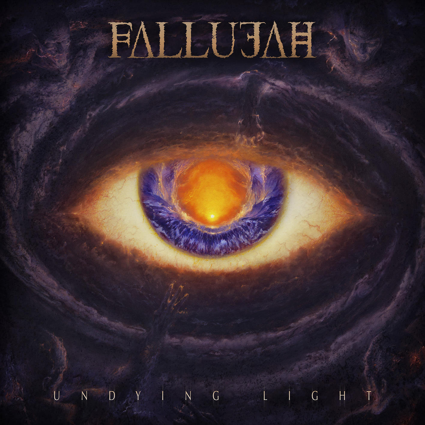 Albumcover: Ein augenförmiges Bild mit einem feurigen Zentrum, umgeben von einem dunklen Wirbel und dem Wort 'FALLUJAH'.