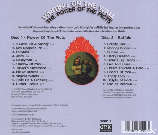 Rückseite eines CD-Covers. Bandlogo, Titelliste und Text zur Produktion. Flammen im Zentrum.