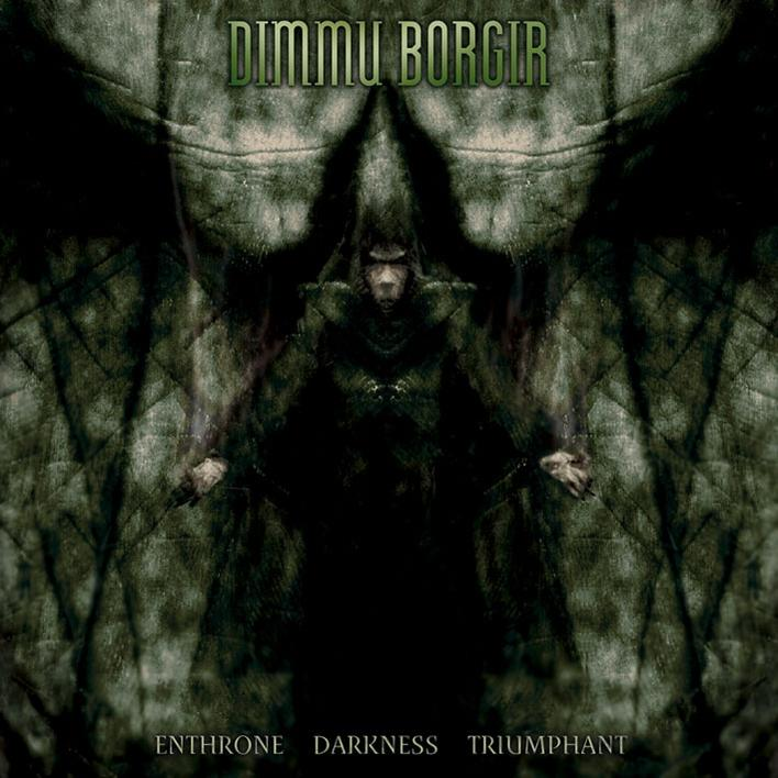 Albumcover: Eine dunkle Gestalt mit ausgestreckten Armen, mit dem Dimmu Borgir-Titel oben und Enthr.Darkness unten.