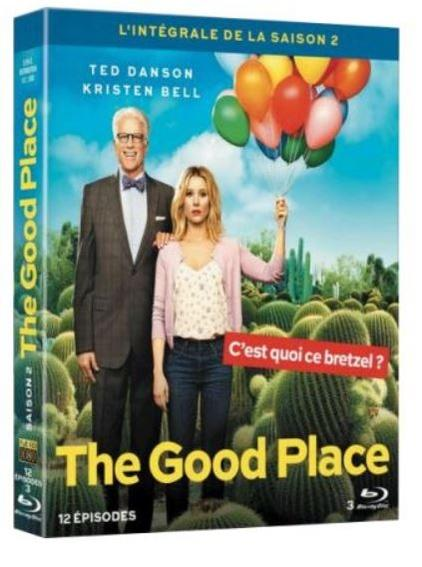 DVD cover of The Good Place Season 2. Shows two actors, balloons, and cacti. Text: The Good Place.