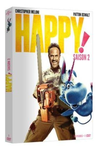 Couverture DVD de "Happy!" avec un homme avec une tronçonneuse et une licorne bleue.