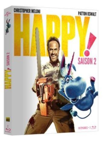 DVD cover for 'Happy! Saison 2'. Man with chainsaw and cartoon character. Yellow text on white background.