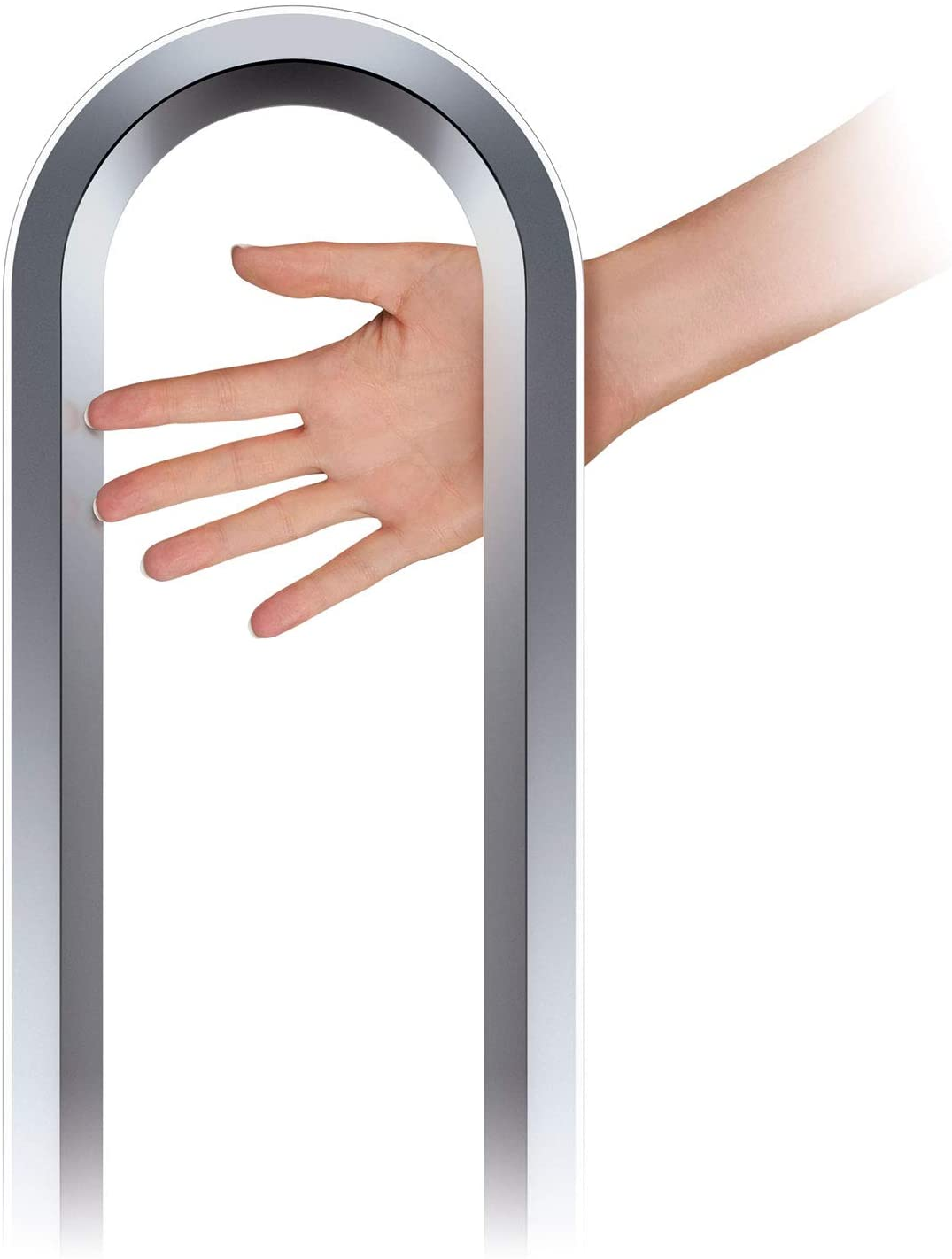 Eine Hand, die durch ein gebogenes, silbernes Objekt greift, wahrscheinlich ein Ventilator oder Luftreiniger.