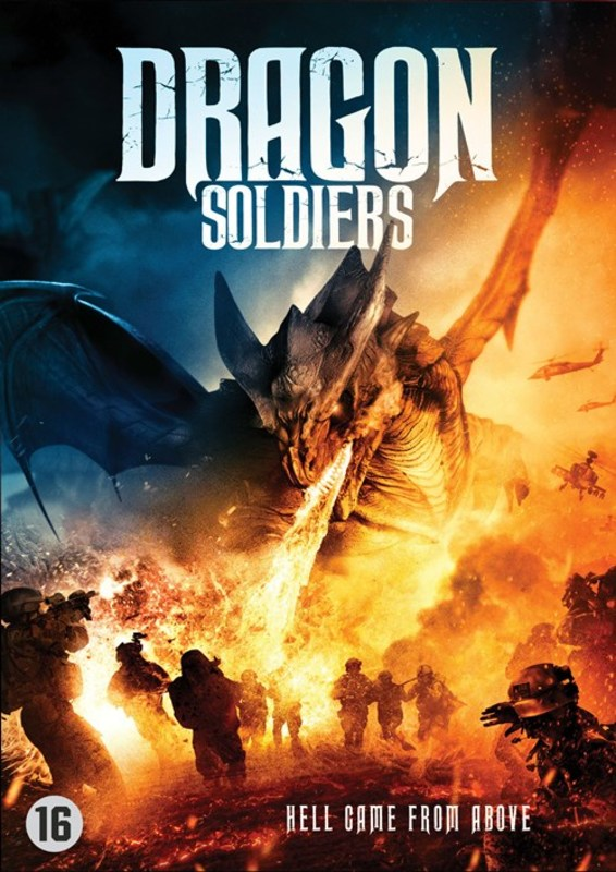 Filmposter. Draak spuwt vuur op soldaten. Titel 'DRAGON SOLDIERS'. Vlammen en explosies op de achtergrond.