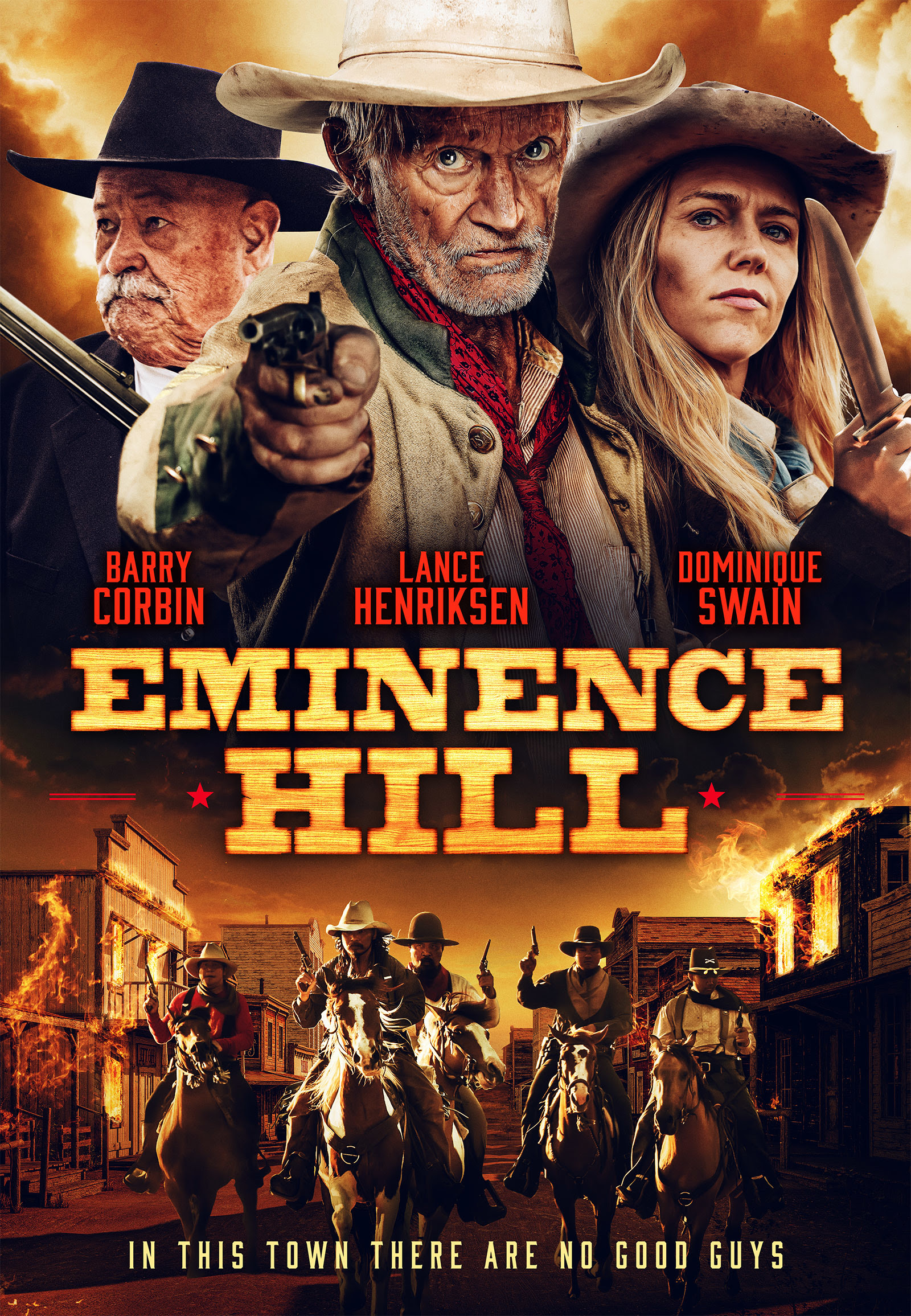 Affiche de film : des cow-boys à cheval, un pistolero et le texte 'Eminence Hill' avec les noms des acteurs. Image sur le thème du western.