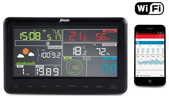 A black weather station showing temperature, humidity, and the current time, with a mobile app.