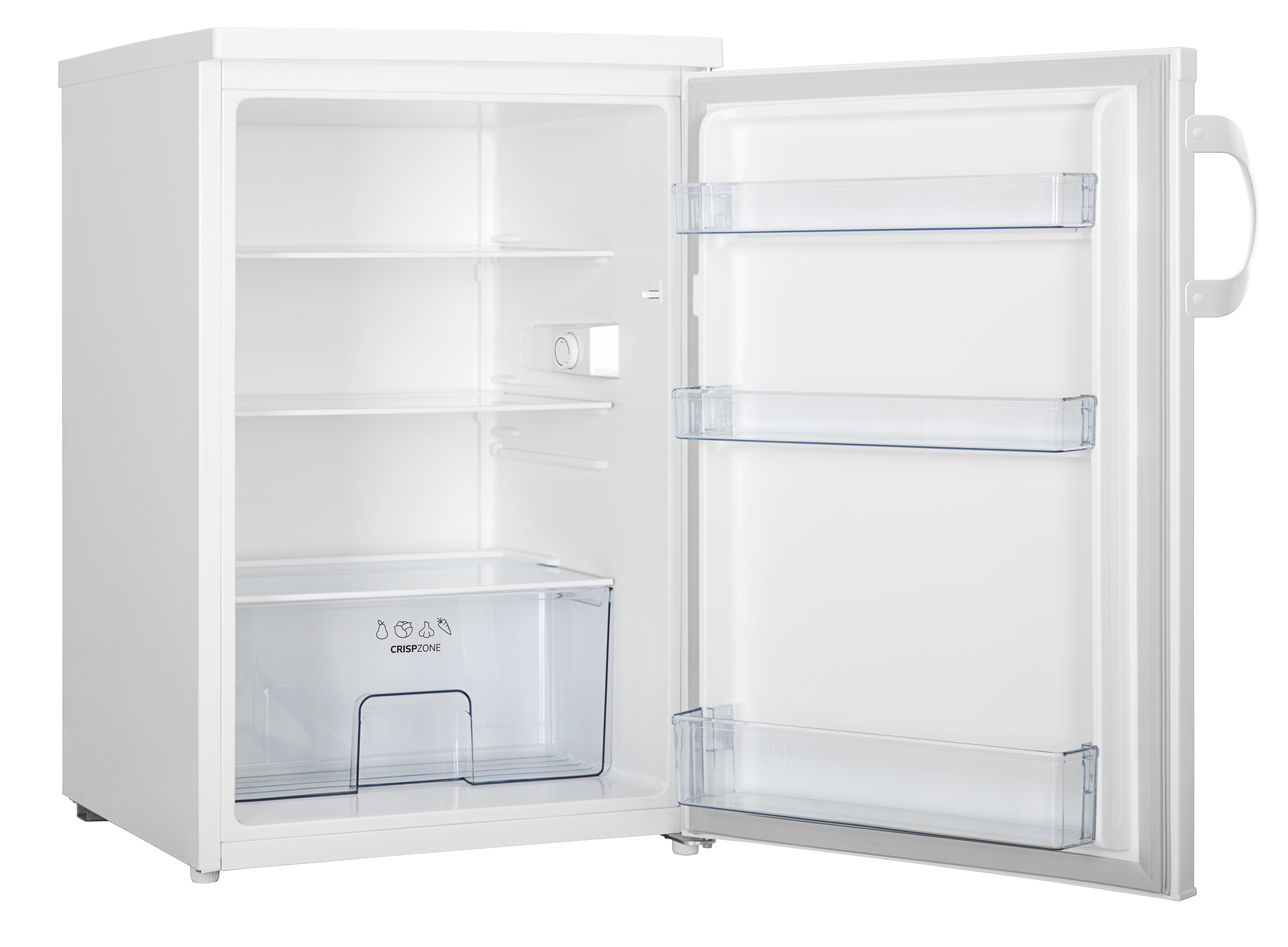 Weißer Mini-Kühlschrank mit offener Tür, zeigt Regale und eine Gemüseschublade.