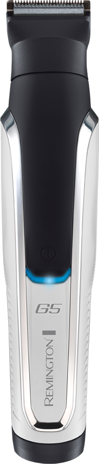 A close-up of a black and silver electric shaver with a blue light on the handle.