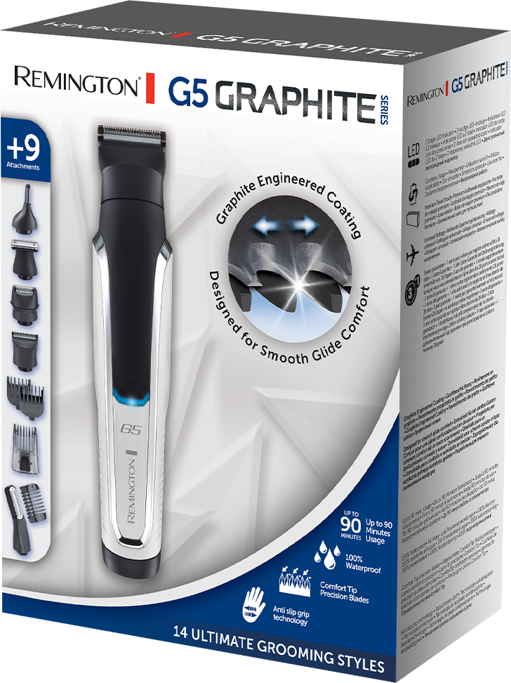 Remington G5 Graphite grooming kit box with attachments and a trimmer. White background.