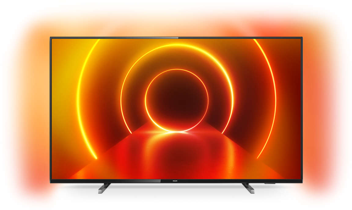 A TV egy ragyogó, absztrakt dizájnt jelenít meg, koncentrikus narancssárga körökkel és egy piros ösvénnyel.