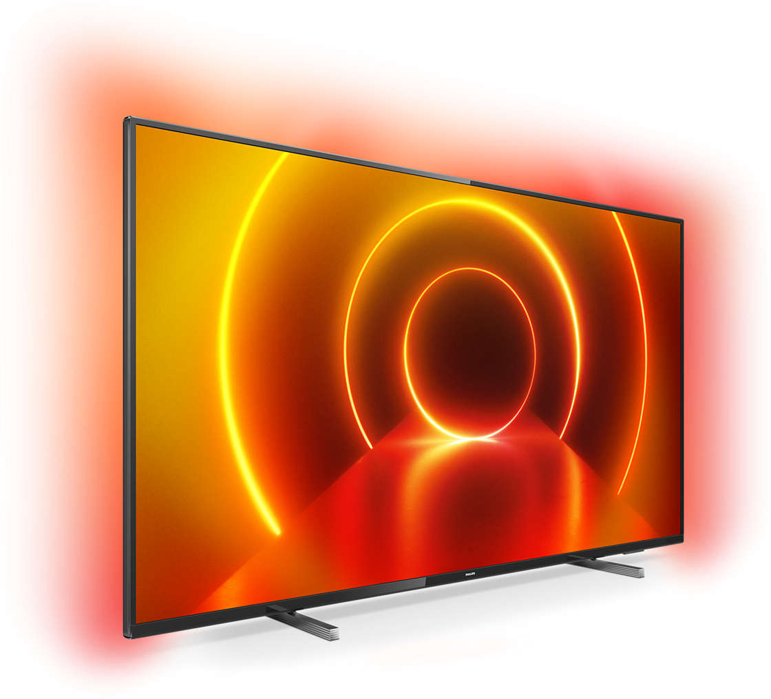 A Philips TV vibráló, absztrakt képet jelenít meg koncentrikus, ragyogó körökkel narancs és sárga színekben, piros háttérrel.