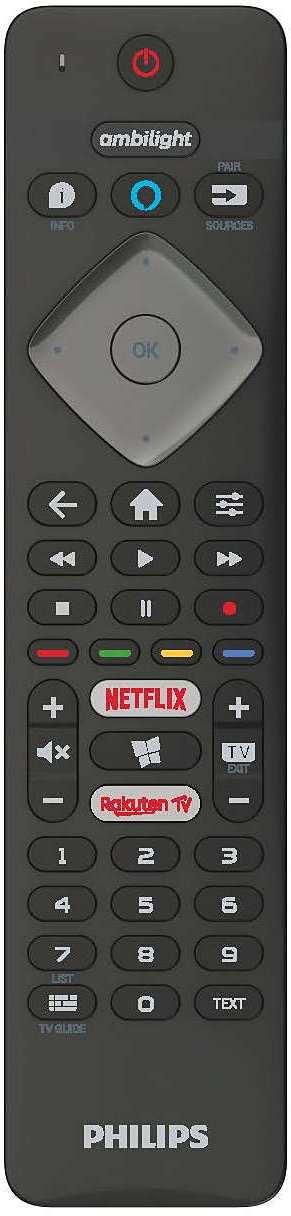 Fekete Philips távirányító. Gombok: be/ki, Netflix, Rakuten TV, számbillentyűzet és irányító gombok.