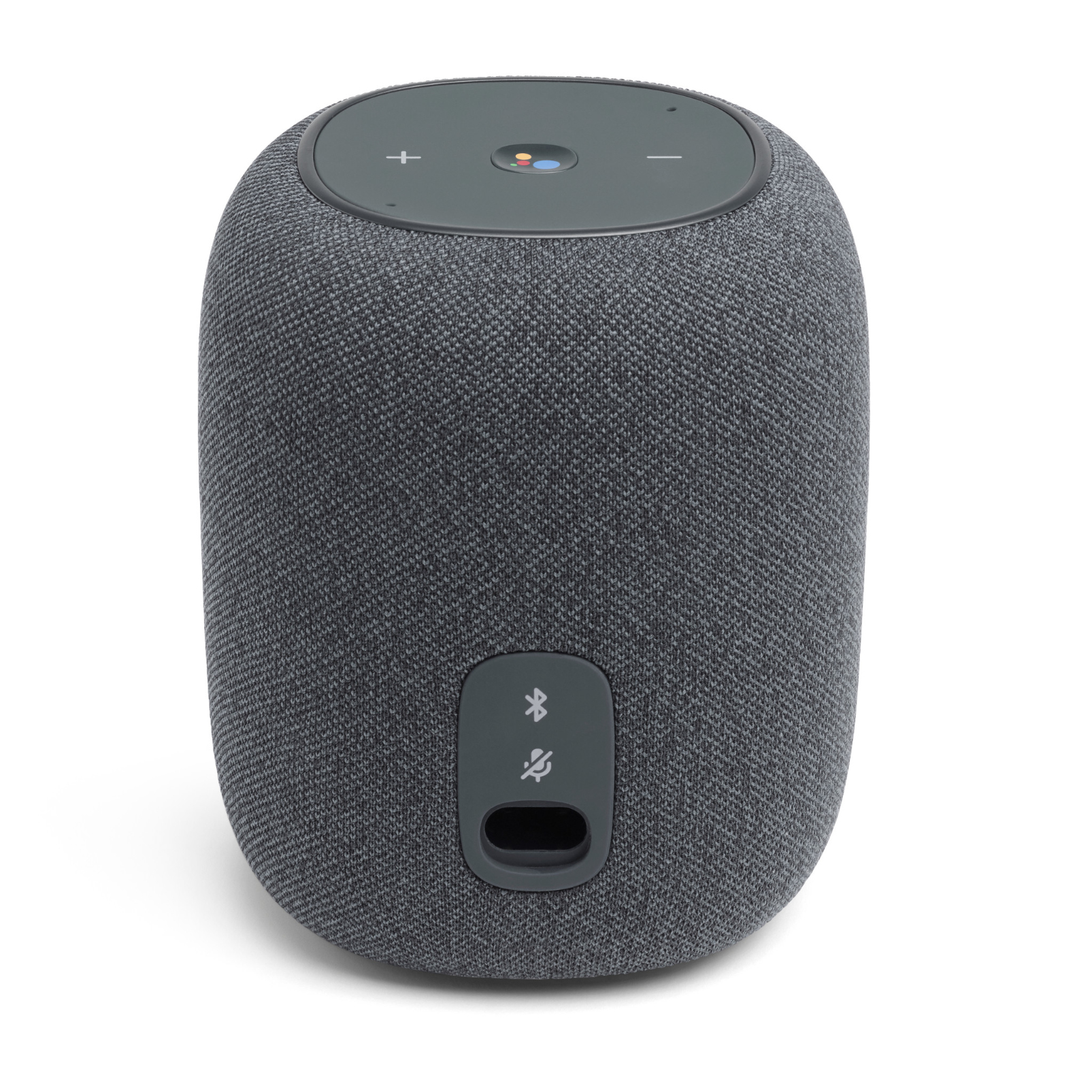 Un altavoz gris oscuro con cubierta de tela y botones superiores.
